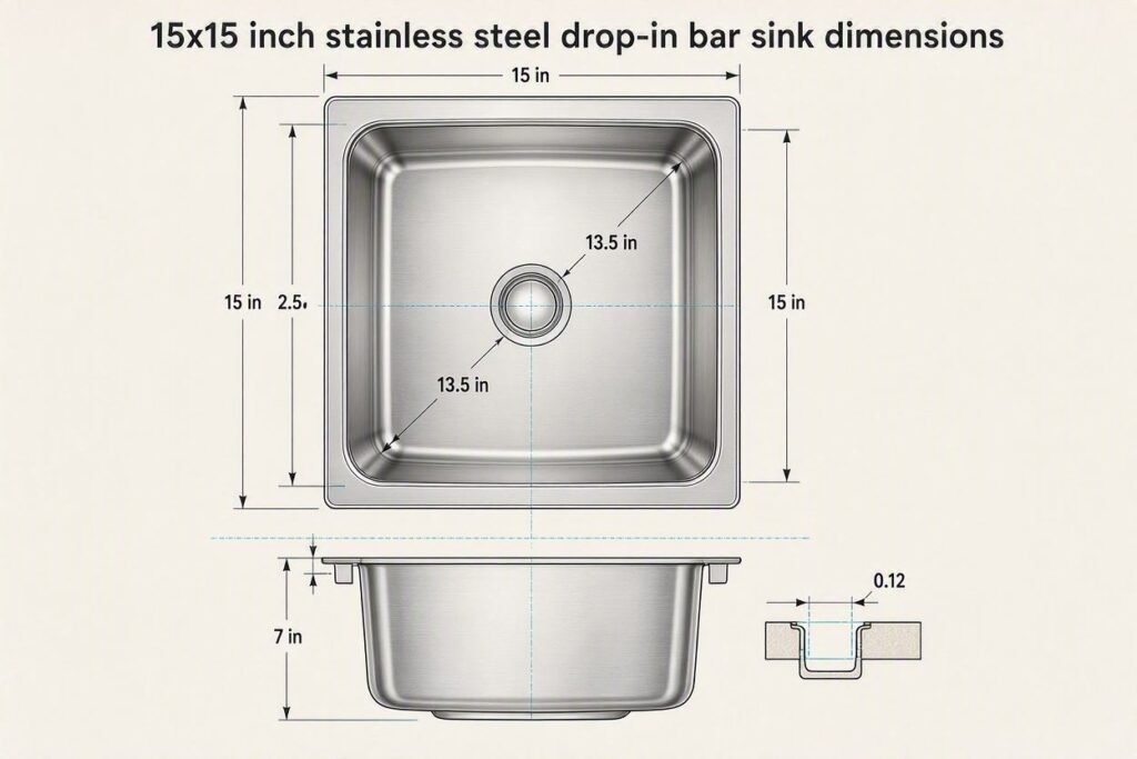 Alt: “15x15 inch stainless steel drop‑in bar sink dimensions”