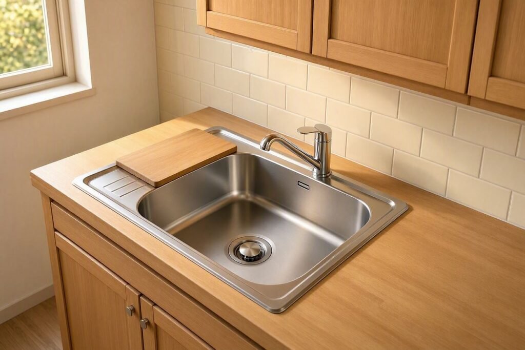 Alt: “Compact stainless steel sink for small kitchens, durable and easy to install.”
