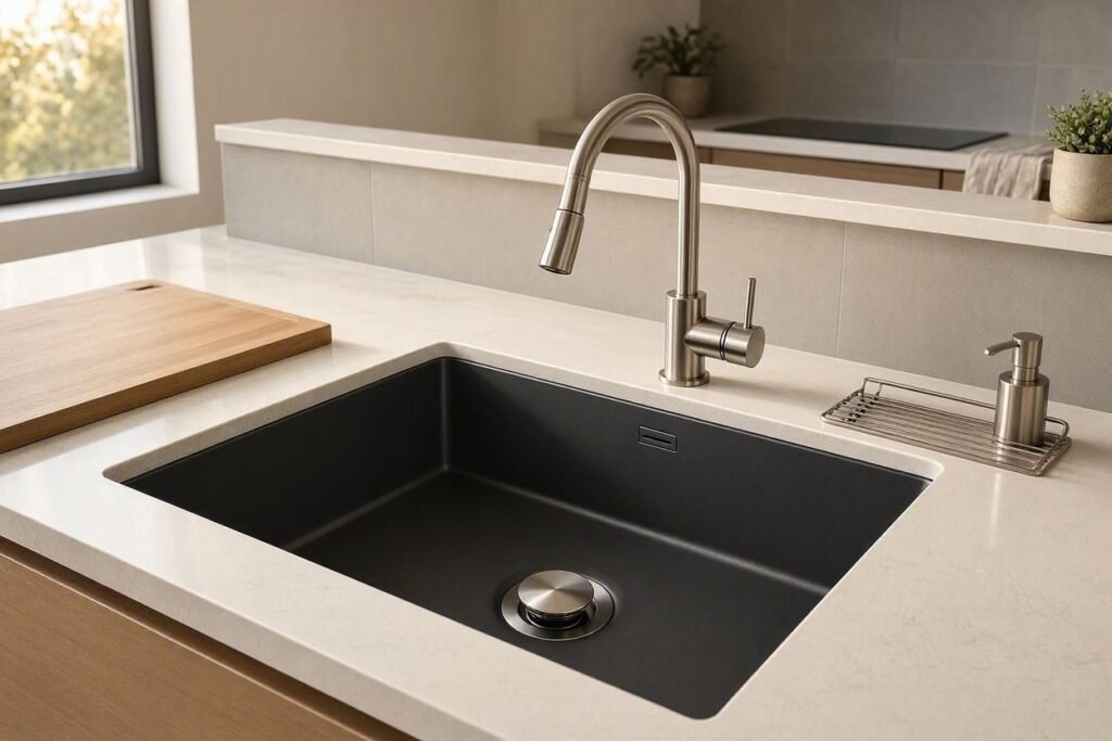 Alt: “Matte black rectangular vessel kitchen sink for stylish modern kitchens”