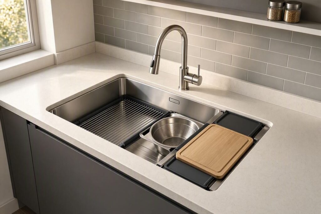 Multifunctional stainless-steel sink with sliding accessories for compact kitchens.