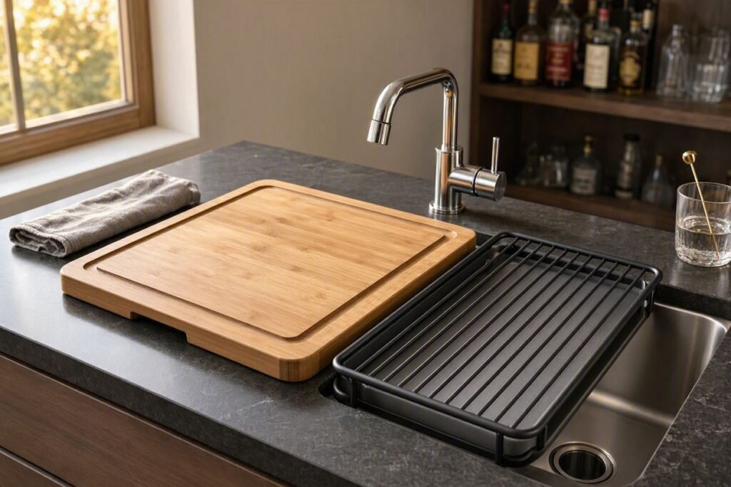 “Workstation cutting board and drying rack for bar sink”