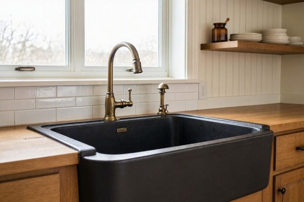 Black cast iron sink in a traditional farmhouse kitchen