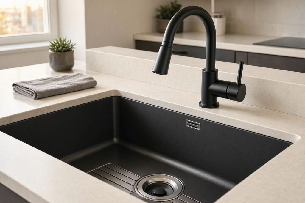 Black kitchen sink paired with a matching black kitchen faucet