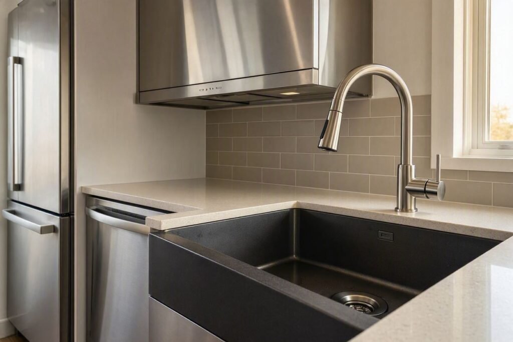 Black stainless-steel sink with stainless steel appliances