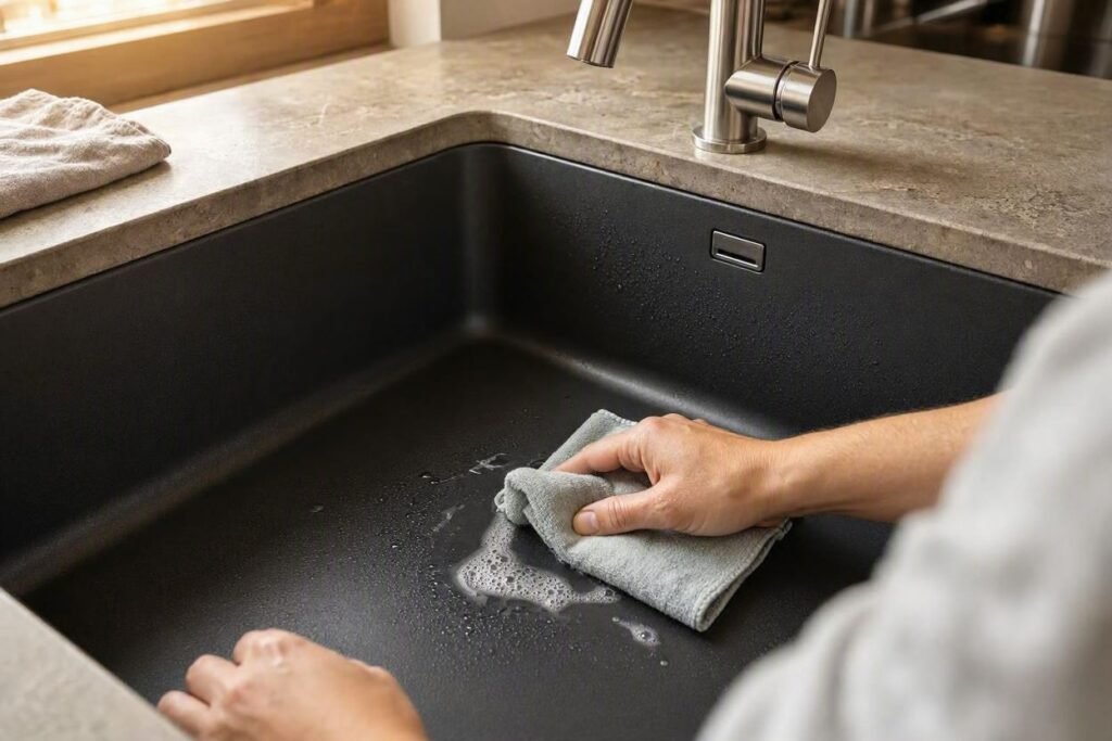 Cleaning and maintaining a black kitchen sink with a soft cloth