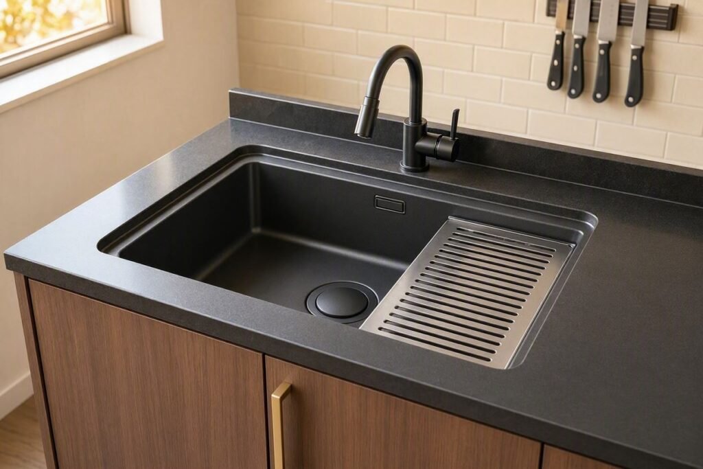 Compact black sink for small kitchen with limited cabinet space