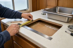 Alt text: Measuring the countertop cutout for an RV kitchen sink replacement