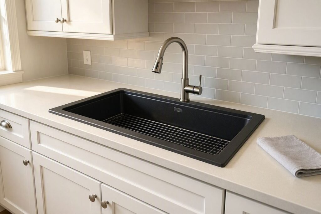 Black kitchen sink with white cabinets and light countertop