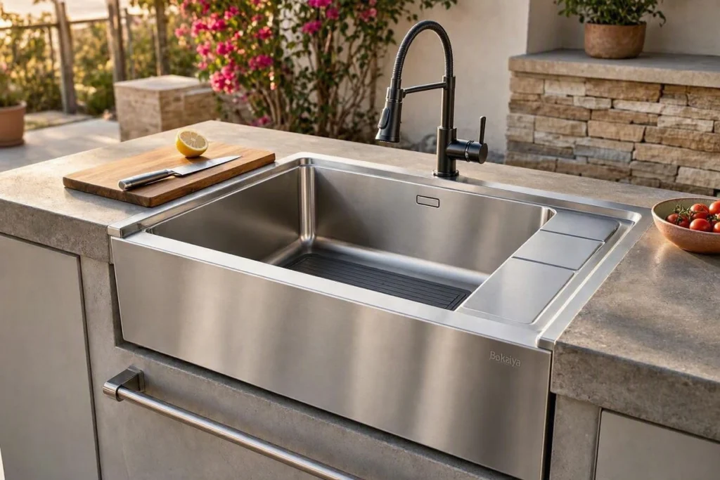 Bokaiya deep workstation sink for outdoor kitchen food preparation