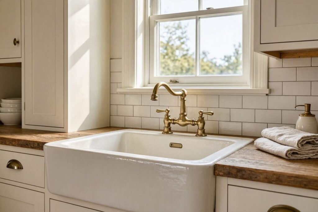 Cozy farmhouse kitchen with apron front sink and rustic décor