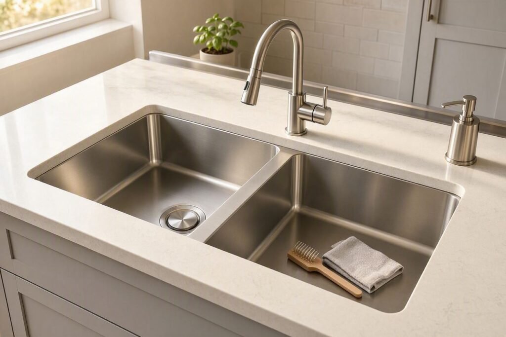 Clean modern kitchen sink after proper care and maintenance
