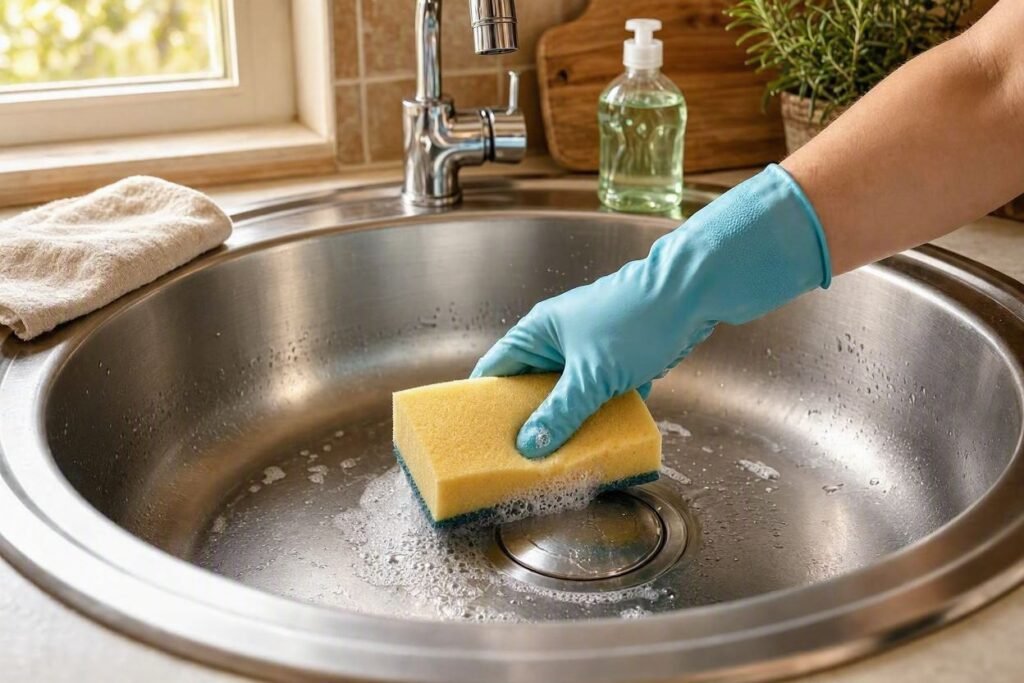 Cleaning a kitchen sink basin with a soft sponge and dish soap