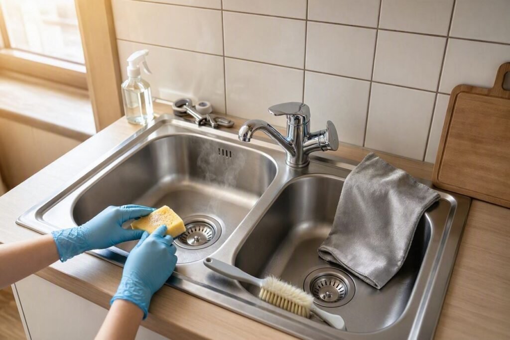Cleaning and maintaining a compact stainless steel sink in a studio apartment