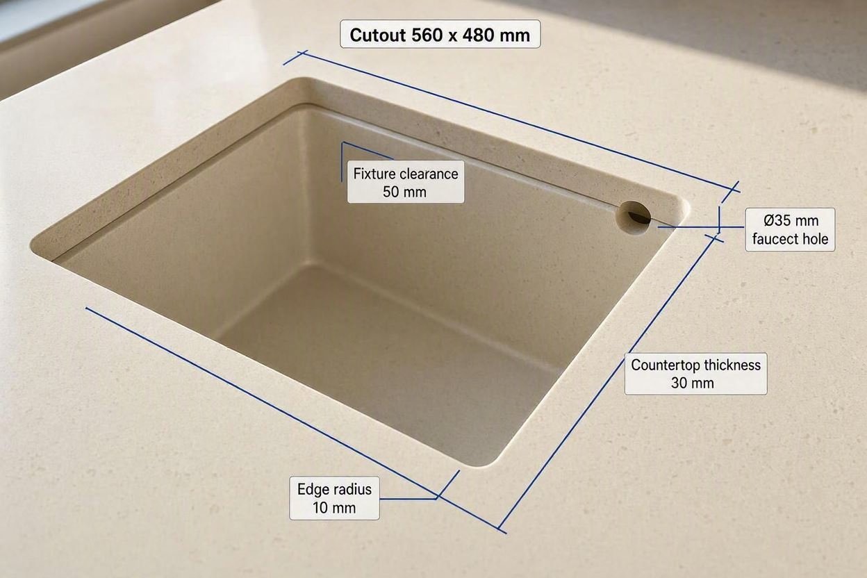 Close‑up of countertop sink cutout with dimensions marked.
