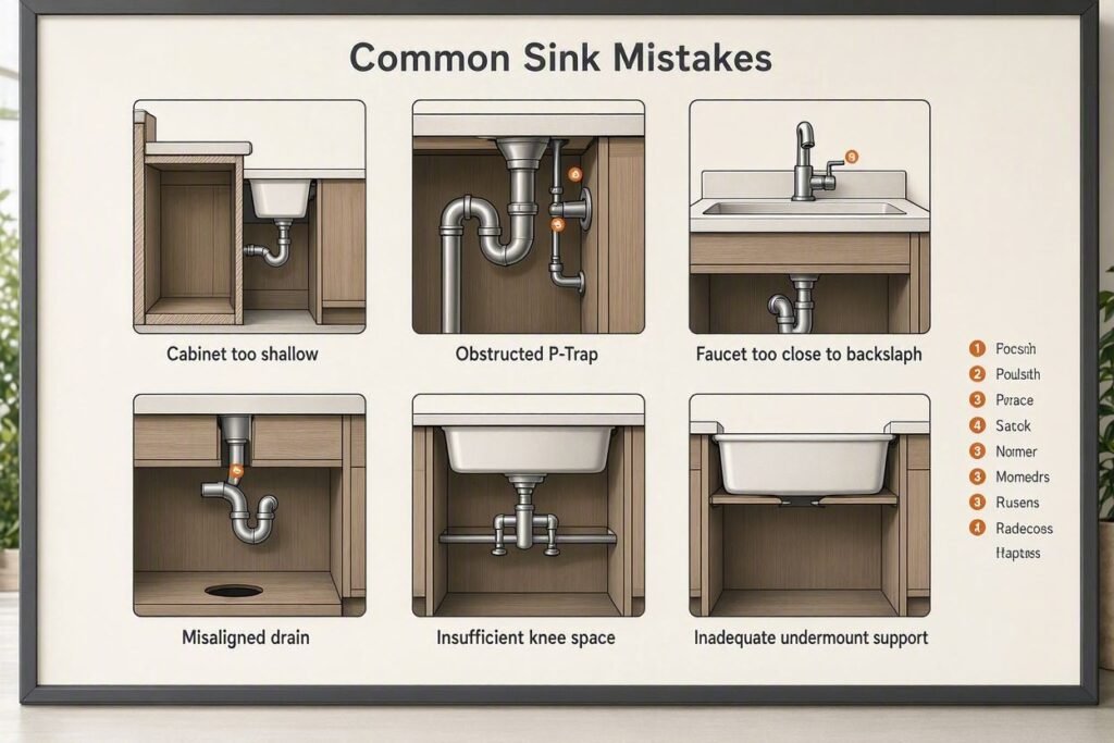 Common sink mistakes involving cabinet dimensions, plumbing, and faucet placement