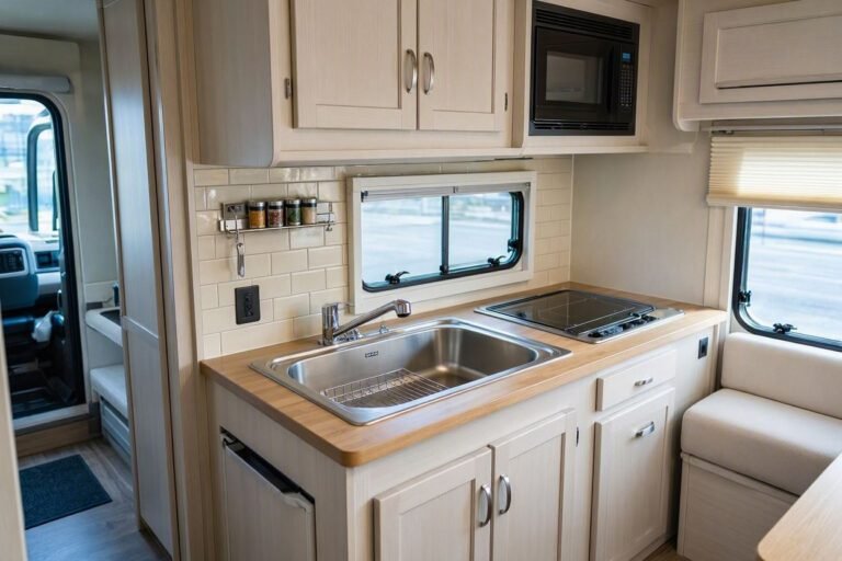 Compact RV kitchen with a space-saving stainless steel sink