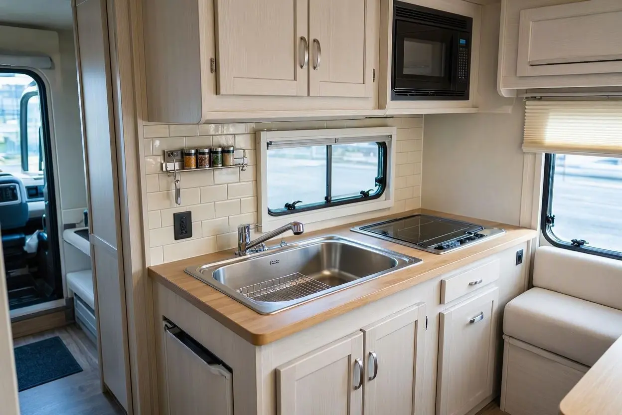 Compact RV kitchen with a space-saving stainless steel sink