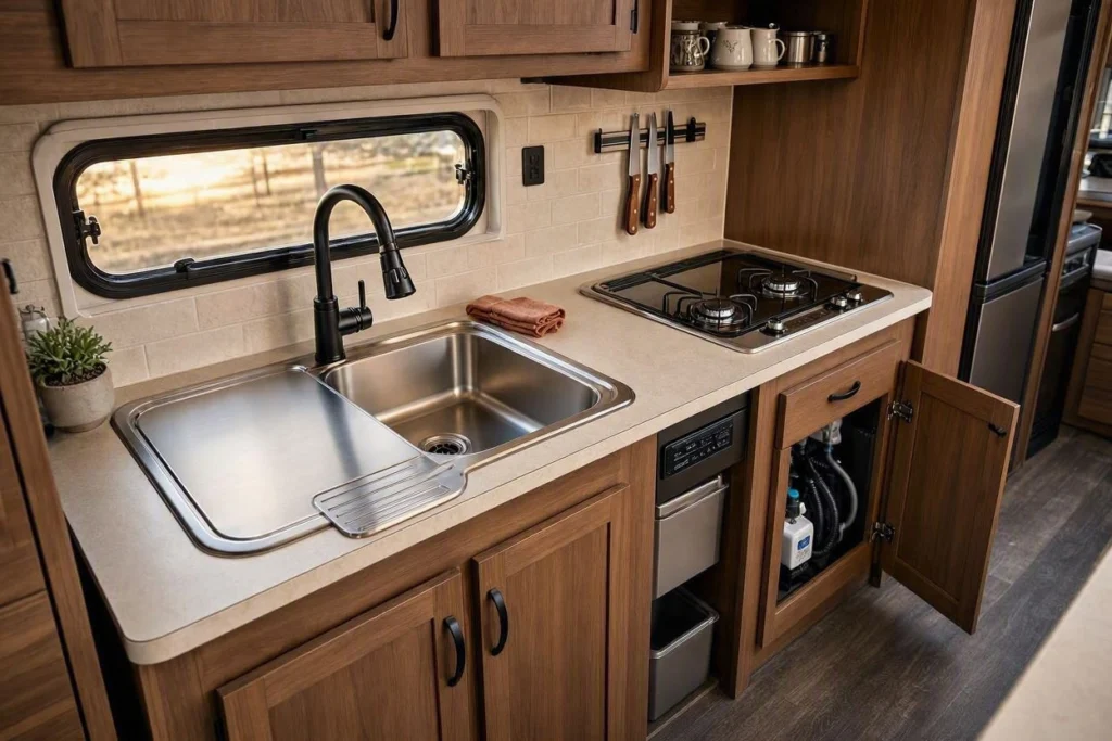 Compact RV kitchen with a space-saving stainless steel sink