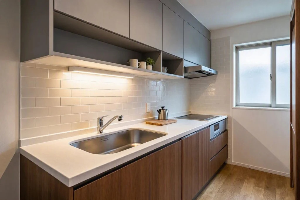 Compact kitchen layout with a small sink and limited countertop workspace