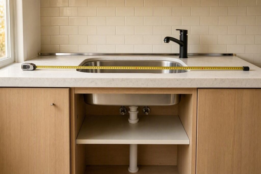 Measuring cabinet size for kitchen sink with tape measure inside cabinet
