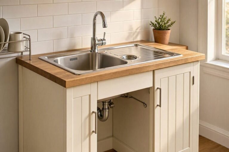Compact kitchen sink installed in a small cabinet
