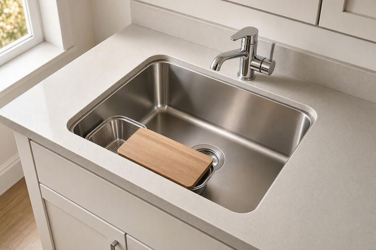 "Compact single-bowl stainless steel sink space saving solution for narrow 18 inch kitchen cabinets