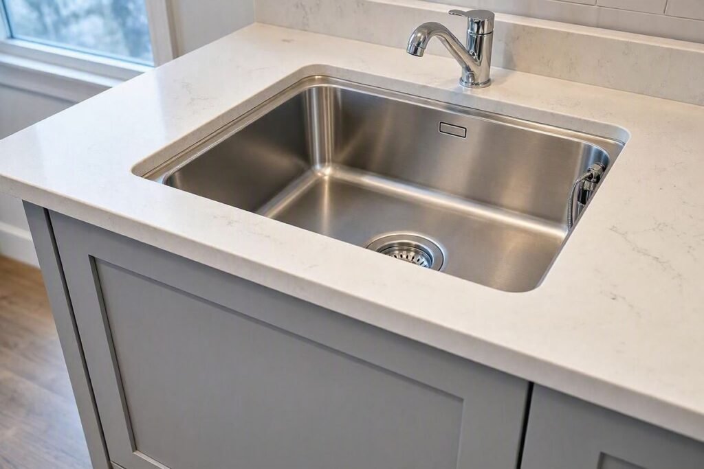 Compact undermount rectangular kitchen sink designed for small cabinets