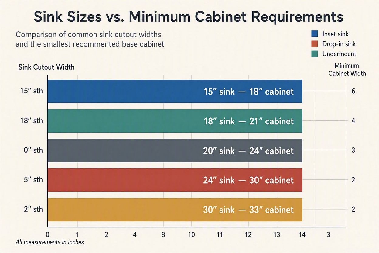 Comparison chart showing sink sizes vs. minimum cabinet requirements.
