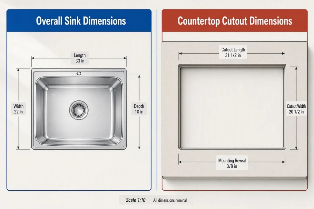 Comparison of overall kitchen sink dimensions and countertop cutout dimensions
