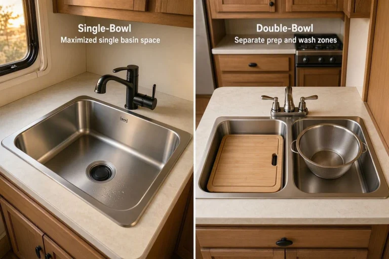 Comparison of single-bowl and double-bowl RV kitchen sinks
