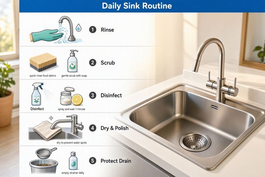 Daily kitchen sink maintenance routine for a clean and protected sink