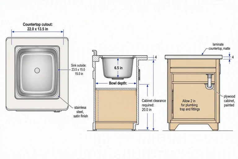 Diagram showing RV kitchen sink dimensions, countertop cutout, bowl depth, and cabinet clearance