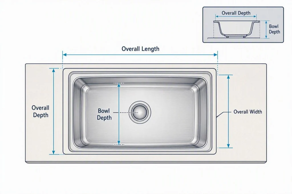 Diagram showing kitchen sink length, width, overall depth, and bowl depth