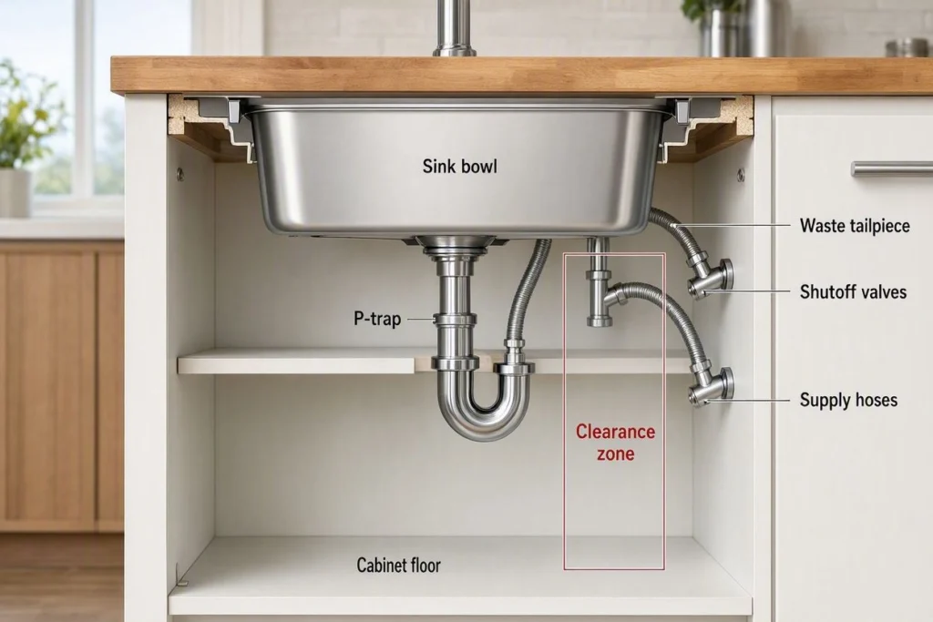 Diagram showing sink bowl and plumbing clearance inside a kitchen cabinet