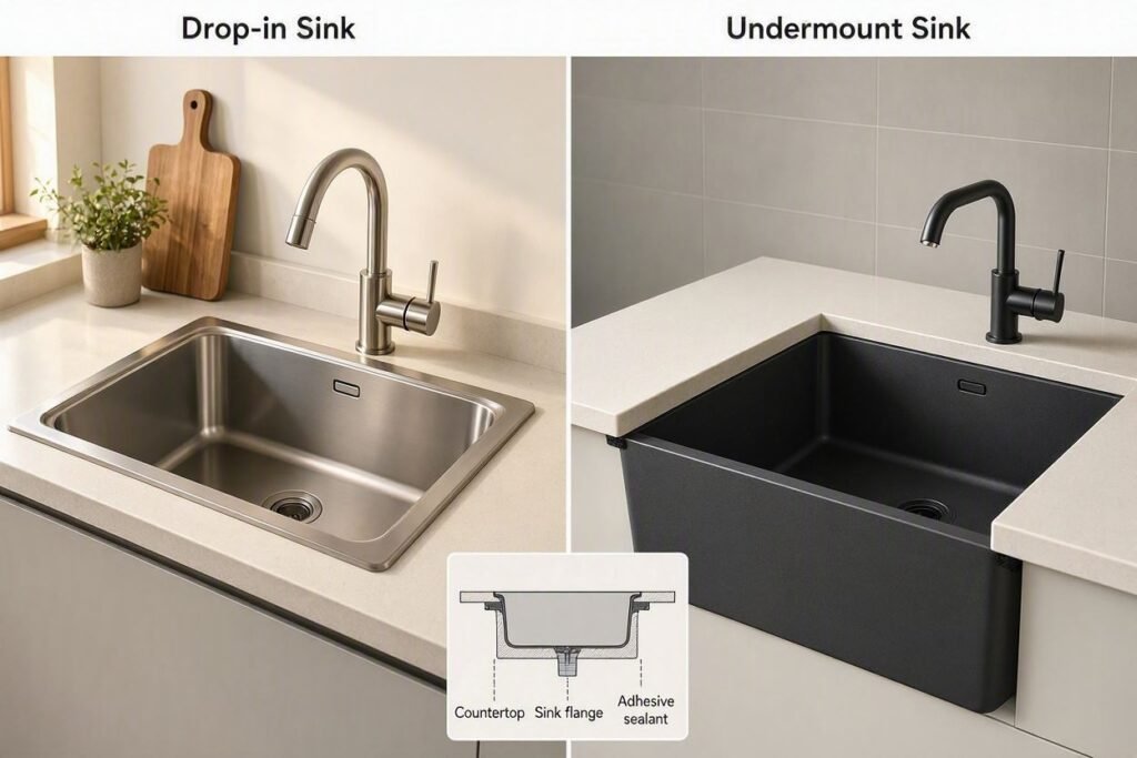 Drop-in and undermount sinks showing installation options for a small studio kitchen