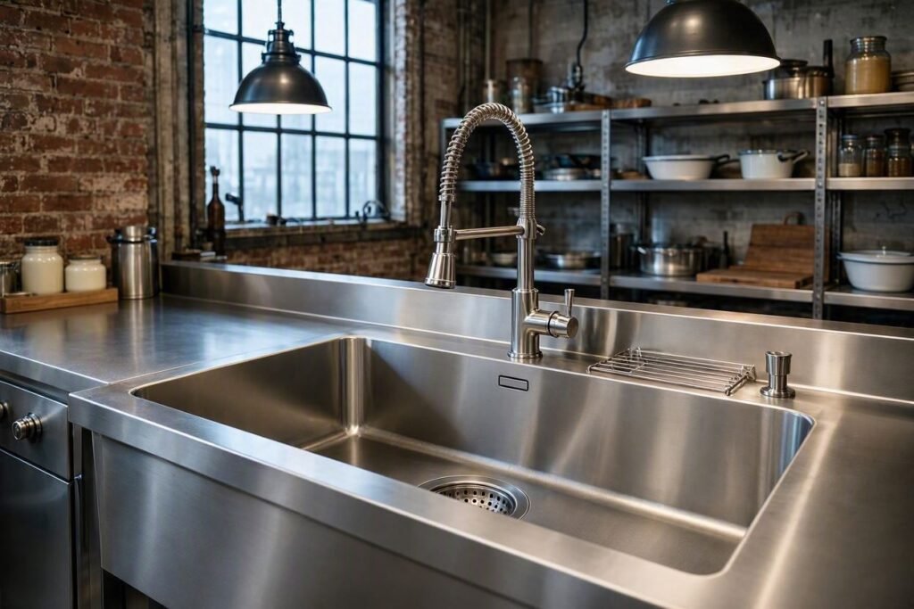 Durable stainless steel farmhouse sink in industrial kitchen"