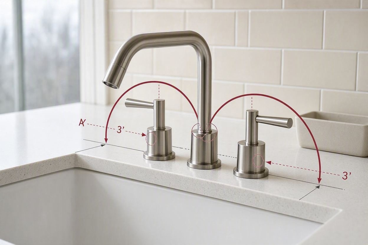 Faucet area above countertop with marked clearance space for handles.