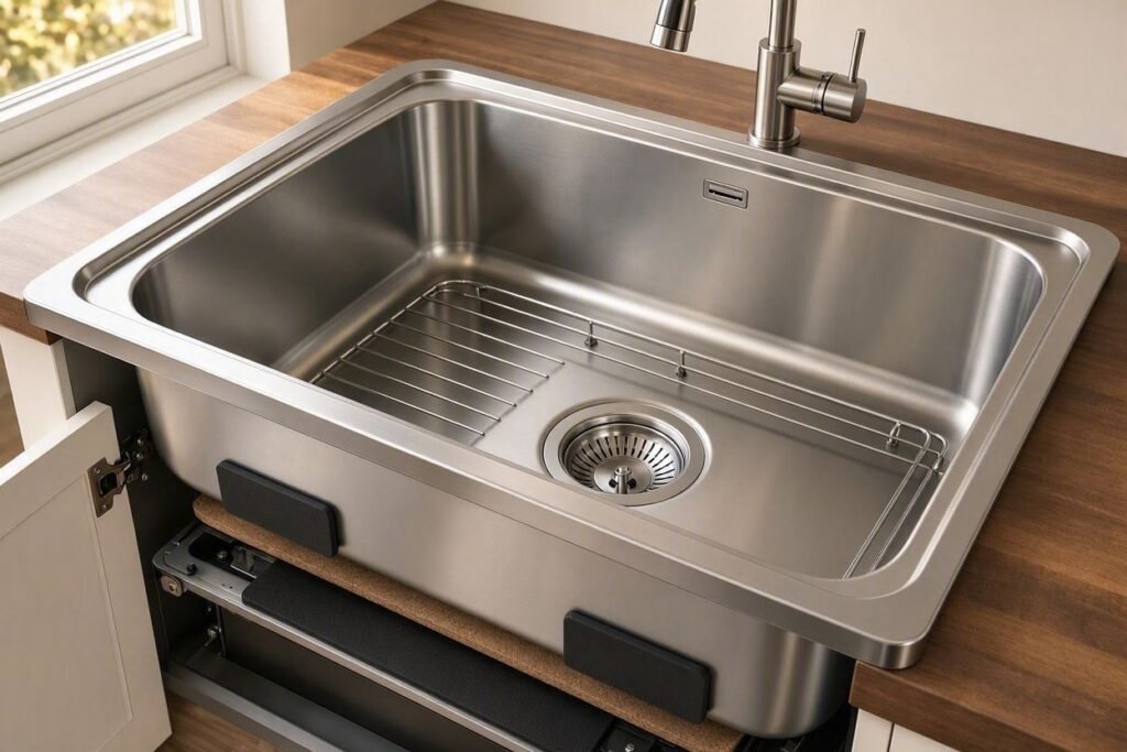 : “Highly rated stainless steel sink with deep basin and noise‑defend pads.”