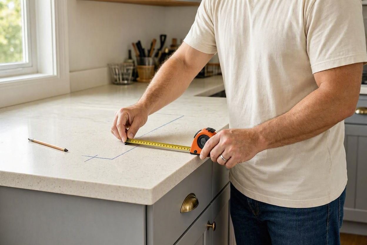 Homeowner incorrectly measuring countertop cutout with tape measure.
