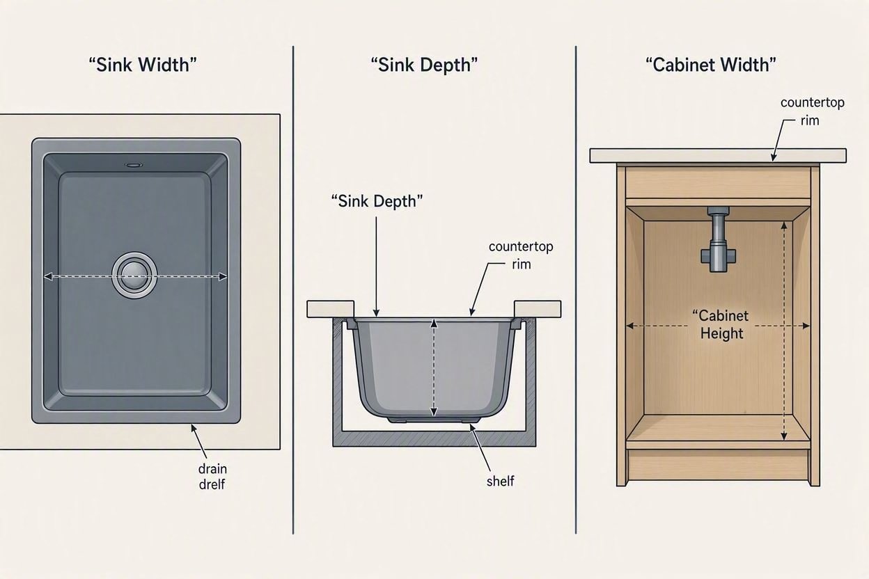 Illustration comparing sink width, depth, and cabinet dimensions.
