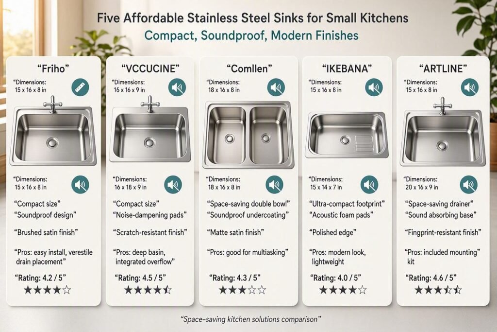 Infographic showing five affordable stainless steel sinks for small kitchens — Friho, VCCUCINE, Comllen, IKEBANA, and ARTLINE — with key features, pros, and ratings. Includes compact size, soundproof design, and modern finishes for space‑saving kitchen solutions.”