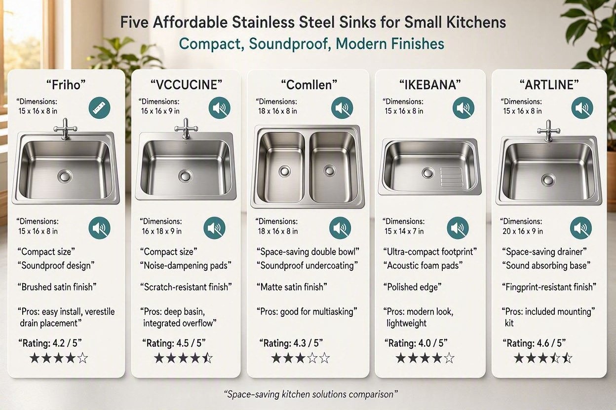Infographic showing five affordable stainless steel sinks for small kitchens — Friho, VCCUCINE, Comllen, IKEBANA, and ARTLINE — with key features, pros, and ratings. Includes compact size, soundproof design, and modern finishes for space‑saving kitchen solutions.”