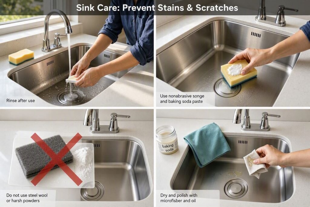 Kitchen sink care routine for preventing stains and scratches