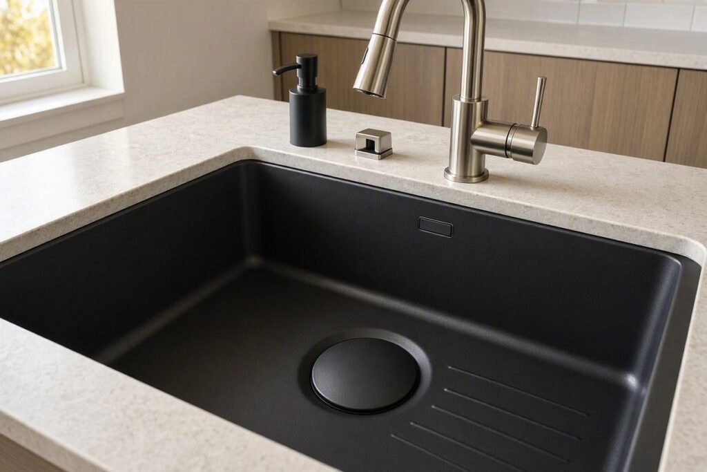 Matte black kitchen sink with modern kitchen fixtures