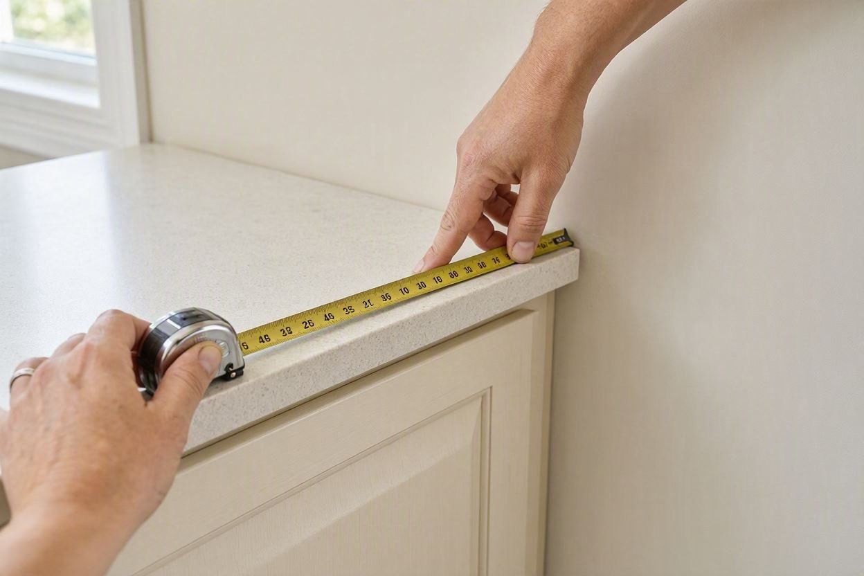 Measurement from cabinet front edge to back wall with tape measure.
