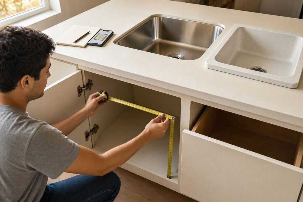 Measuring cabinet width and depth before choosing a sink for a studio kitchen