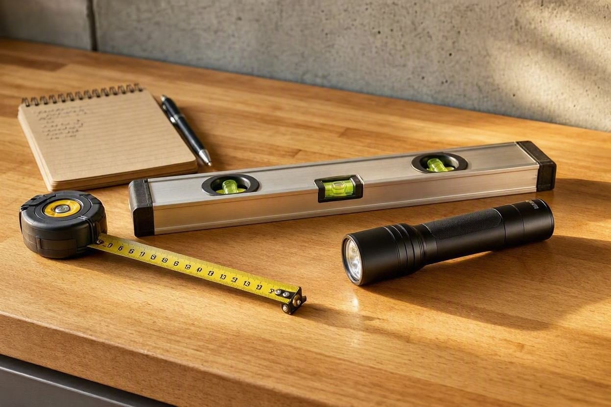 Measuring tape, level, flashlight, and notepad arranged on countertop.
