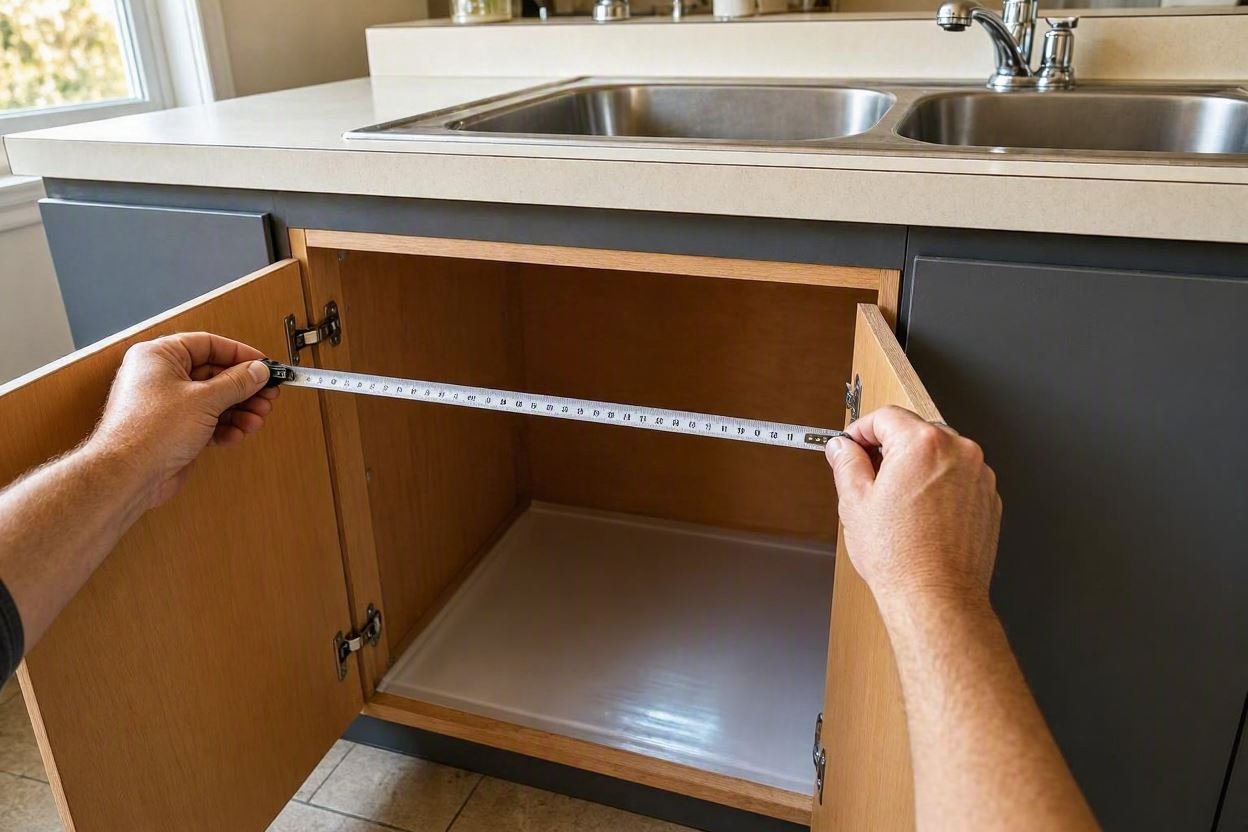 Measuring the inside width of an 18-inch kitchen sink cabinet