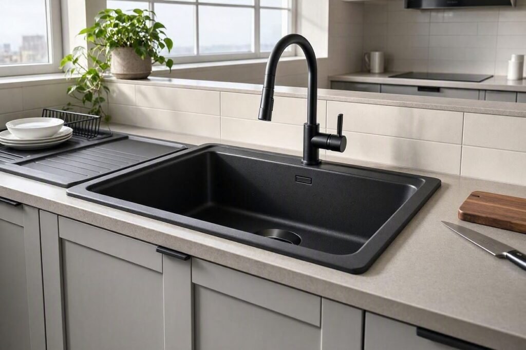 Modern black kitchen sink in a stylish contemporary kitchen