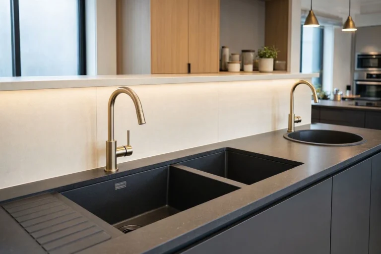 Modern black kitchen sinks in a stylish contemporary kitchen